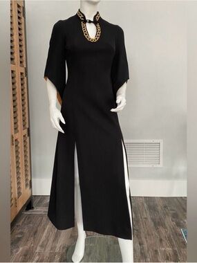 Black Maxi Split Dress with Gold Chain Detail